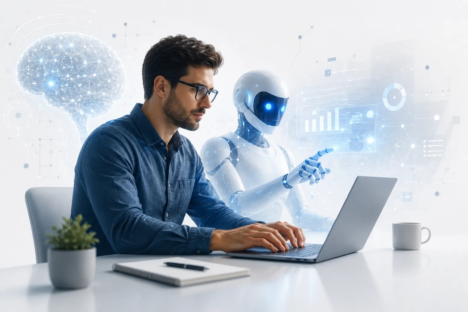 Ilustração de colaboração entre humano e inteligência artificial no trabalho